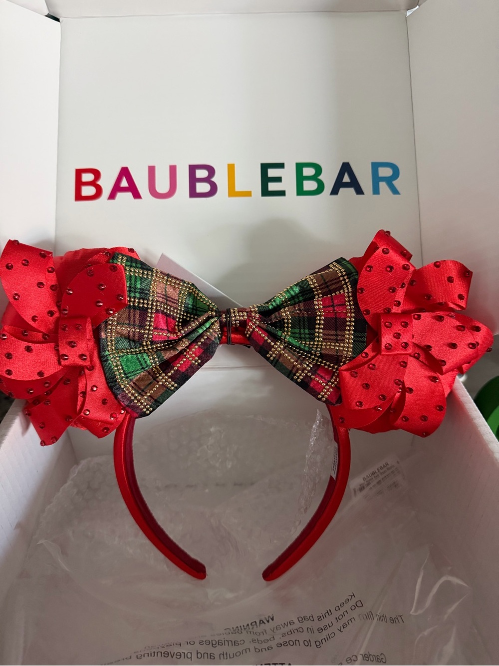 BaubleBar Disney Ears!  Red & Green Plaid Bow Headband with Polka Dot Bows
